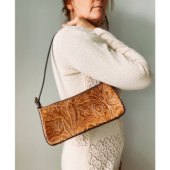 Y2K Mini Bag Handbag Purse Shoulder bag Tooled leather Boho Western - Picture 1 of 4